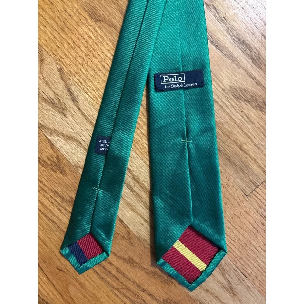 Polo Ralph Lauren Handmade Green Silk Tie With Red & Yellow Stripe Accent